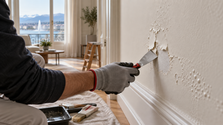 Professionnel retirant une peinture qui cloque et s’écaille sur un mur intérieur à Genève.
