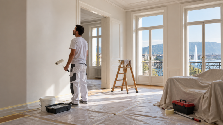 Appartement à Genève soigneusement protégé avant des travaux de peinture intérieure.